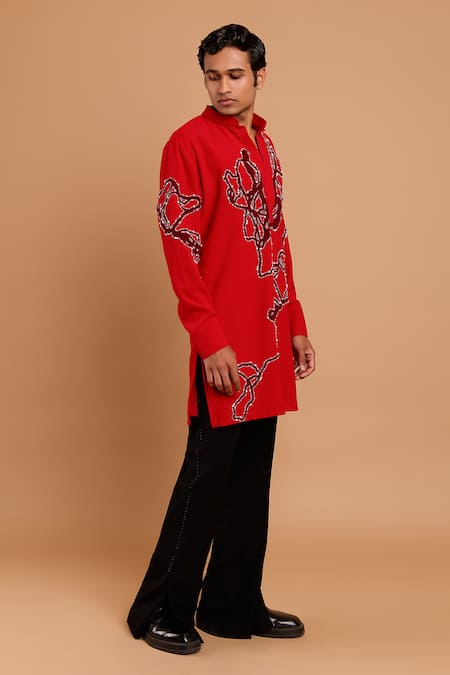 Shop Rohit Doshi Red Crepe, Polyester Embroidery, Beads, Pearls Abstract And Embellished Kurta Online at Aza Fashions Shop_Rohit Doshi_Red Crepe, Polyester Embroidery, Beads, Pearls Abstract And Embellished Kurta _Online_at_Aza_Fashions