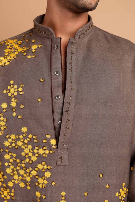 Rohit Doshi Charcoal Cotton, Crepe, Rayon Embroidery, Beads Graphic Applique Kurta Online at Aza Fashions Rohit Doshi_Charcoal Cotton, Crepe, Rayon Embroidery, Beads Graphic Applique Kurta _Online_at_Aza_Fashions