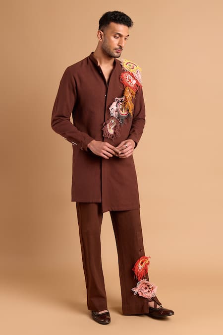 Rohit Doshi_Brown Cotton Applique, Embroidery, Fringe Paisley Tassel Kurta _Online_at_Aza_Fashions