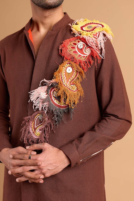 Buy_Rohit Doshi_Brown Cotton Applique, Embroidery, Fringe Paisley Tassel Kurta _Online_at_Aza_Fashions
