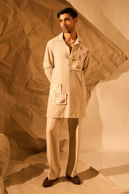 Shop_Rohit Doshi_Beige Patchwork Textured Short Kurta _Online_at_Aza_Fashions