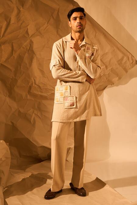 Rohit Doshi_Beige Patchwork Textured Short Kurta _at_Aza_Fashions