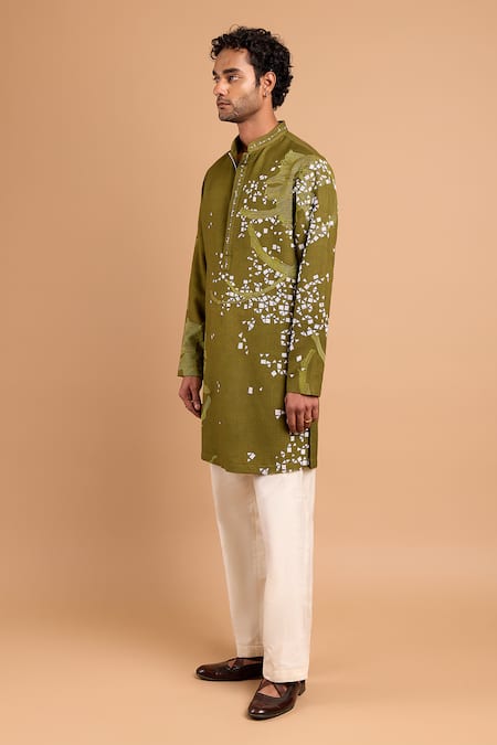 Rohit Doshi Olive Green Cotton, Crepe, Rayon Embroidery Abstract Motif Kurta Online at Aza Fashions Rohit Doshi_Olive Green Cotton, Crepe, Rayon Embroidery Abstract Motif Kurta _Online_at_Aza_Fashions