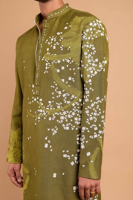 Shop Rohit Doshi Olive Green Cotton, Crepe, Rayon Embroidery Abstract Motif Kurta Online at Aza Fashions Shop_Rohit Doshi_Olive Green Cotton, Crepe, Rayon Embroidery Abstract Motif Kurta _Online_at_Aza_Fashions