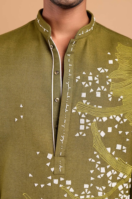 Rohit Doshi Olive Green Cotton, Crepe, Rayon Embroidery Abstract Motif Kurta at Aza Fashions Rohit Doshi_Olive Green Cotton, Crepe, Rayon Embroidery Abstract Motif Kurta _at_Aza_Fashions