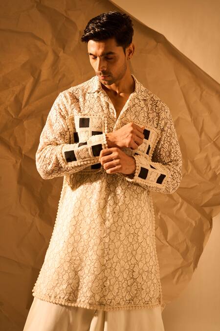 Rohit Doshi_Off White Net Patchwork Floral Pattern Kurta _Online_at_Aza_Fashions