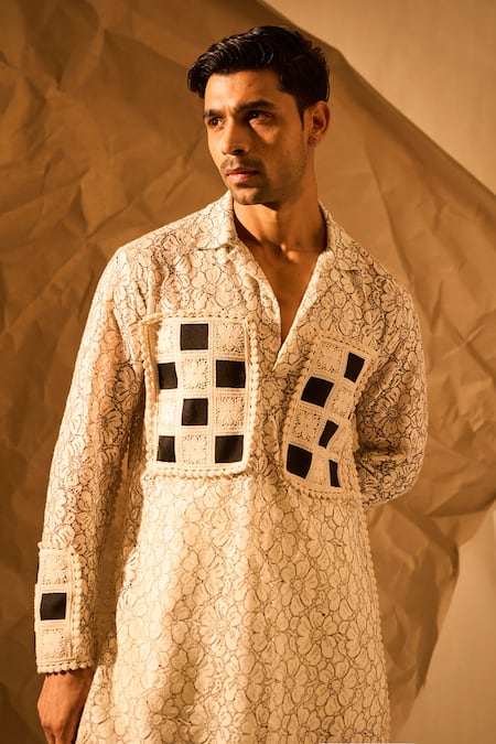 Shop_Rohit Doshi_Off White Net Patchwork Floral Pattern Kurta _Online_at_Aza_Fashions