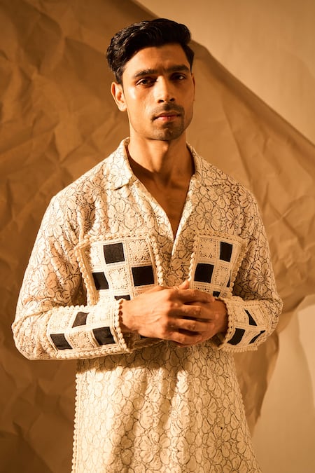 Buy_Rohit Doshi_Off White Net Patchwork Floral Pattern Kurta 