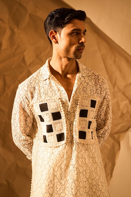 Shop_Rohit Doshi_Off White Net Patchwork Floral Pattern Kurta 
