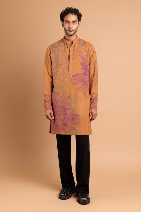 Buy_Rohit Doshi_Brown Cotton, Crepe, Rayon Embroidery, Sequins Floral And Architectural Kurta _Online_at_Aza_Fashions