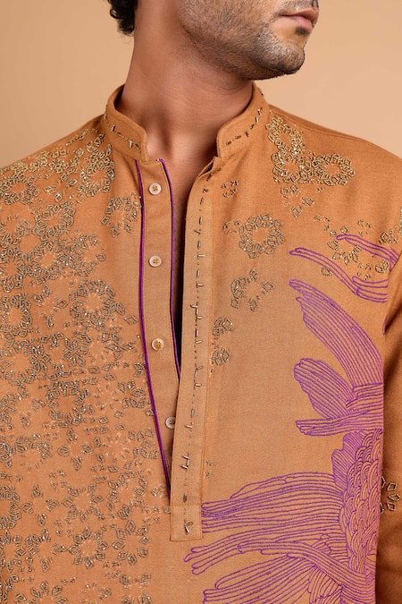 Rohit Doshi_Brown Cotton, Crepe, Rayon Embroidery, Sequins Floral And Architectural Kurta _at_Aza_Fashions