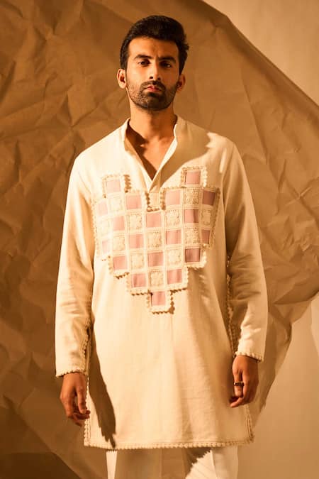Rohit Doshi_Cream Lace, Patchwork Herringbone Weave Heart Pattern Kurta _Online_at_Aza_Fashions