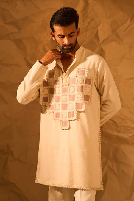 Buy_Rohit Doshi_Cream Lace, Patchwork Herringbone Weave Heart Pattern Kurta _Online_at_Aza_Fashions