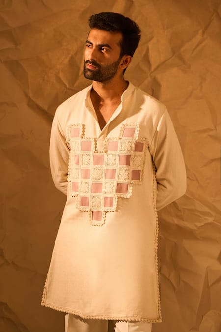 Shop_Rohit Doshi_Cream Lace, Patchwork Herringbone Weave Heart Pattern Kurta _Online_at_Aza_Fashions