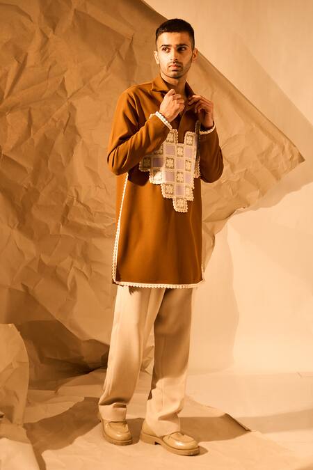 Shop_Rohit Doshi_Brown Polyester, Mesh Applique, Lace Heart Work Short Kurta _Online_at_Aza_Fashions