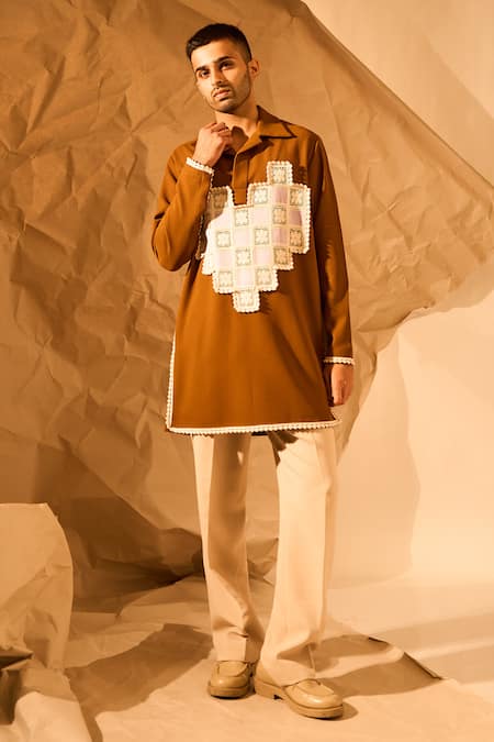 Rohit Doshi_Brown Polyester, Mesh Applique, Lace Heart Work Short Kurta _at_Aza_Fashions