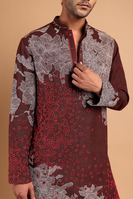 Buy_Rohit Doshi_Brown Cotton, Crepe, Rayon Embroidery Botanical Motif Kurta _Online_at_Aza_Fashions