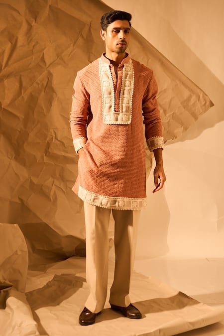 Rohit Doshi_Brown Embroidery Textured Kurta _Online_at_Aza_Fashions