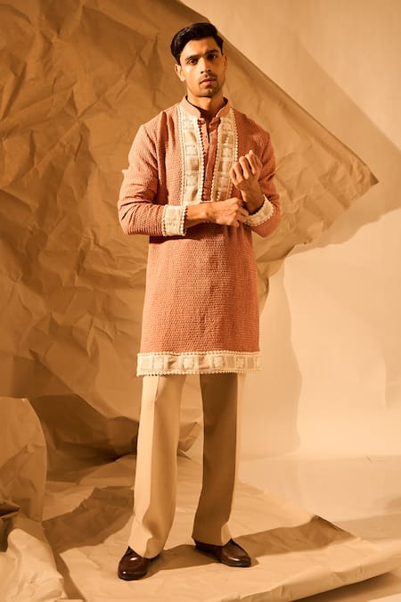 Buy_Rohit Doshi_Brown Embroidery Textured Kurta _Online_at_Aza_Fashions