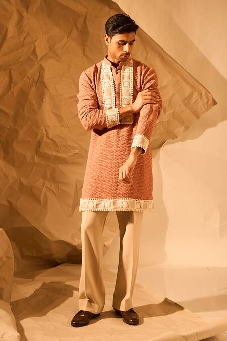 Shop_Rohit Doshi_Brown Embroidery Textured Kurta _Online_at_Aza_Fashions