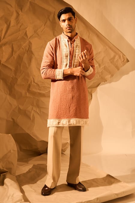 Rohit Doshi_Brown Embroidery Textured Kurta _at_Aza_Fashions