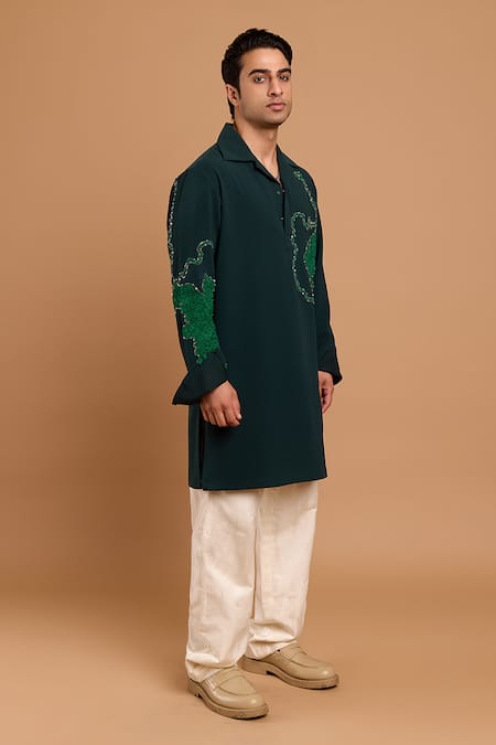 Buy_Rohit Doshi_Green Polyester, Crepe Beads, Embroidery Tropical Leaf Kurta _Online_at_Aza_Fashions