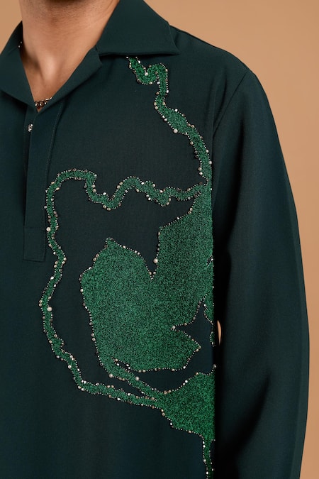 Shop_Rohit Doshi_Green Polyester, Crepe Beads, Embroidery Tropical Leaf Kurta _Online_at_Aza_Fashions