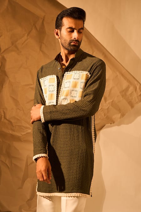 Rohit Doshi_Olive Green Applique, Lace Jigsaw Puzzle Pattern Short Kurta _Online_at_Aza_Fashions