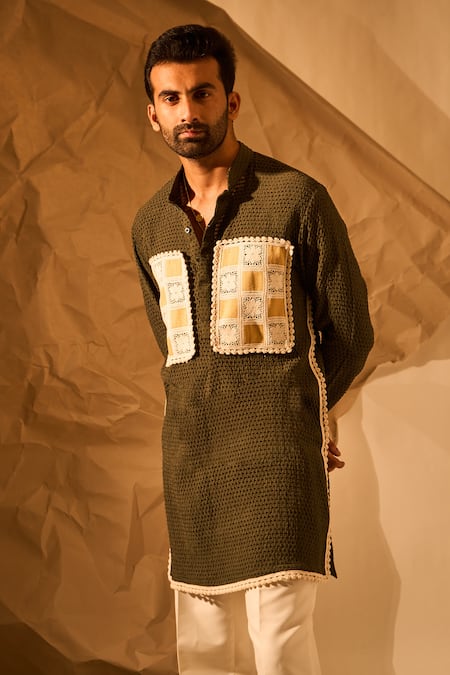 Shop_Rohit Doshi_Olive Green Applique, Lace Jigsaw Puzzle Pattern Short Kurta _Online_at_Aza_Fashions