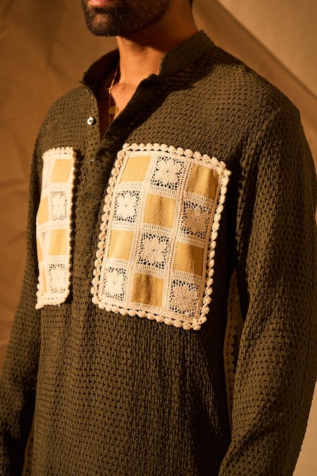 Rohit Doshi_Olive Green Applique, Lace Jigsaw Puzzle Pattern Short Kurta _at_Aza_Fashions