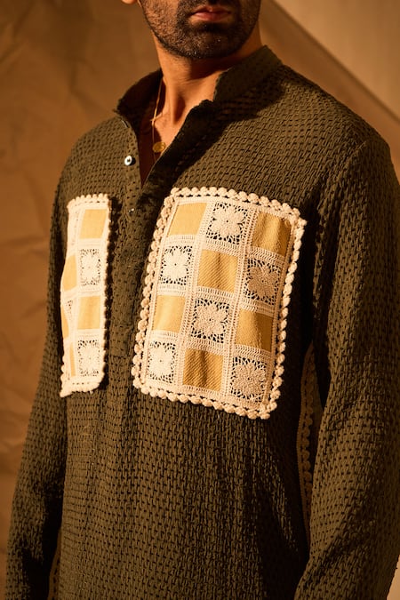 Buy_Rohit Doshi_Olive Green Applique, Lace Jigsaw Puzzle Pattern Short Kurta 