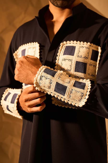 Rohit Doshi Blue Lace Applique Embroidered Short Kurta Online at Aza Fashions Rohit Doshi_Blue Lace Applique Embroidered Short Kurta _Online_at_Aza_Fashions