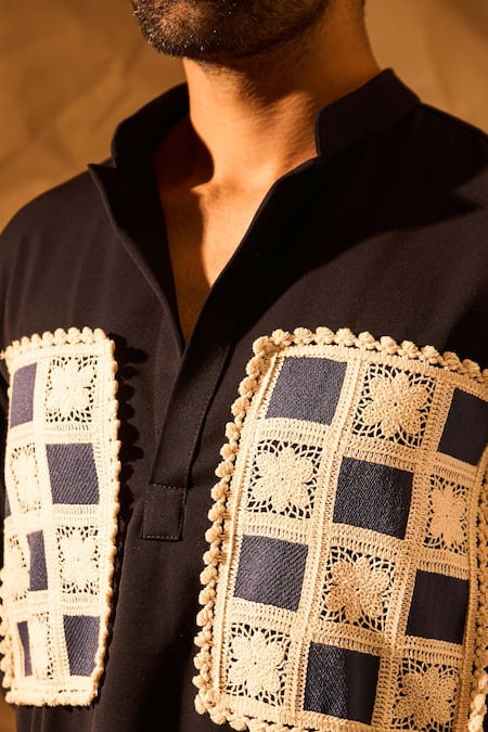 Buy Rohit Doshi Blue Lace Applique Embroidered Short Kurta Online at Aza Fashions Buy_Rohit Doshi_Blue Lace Applique Embroidered Short Kurta _Online_at_Aza_Fashions