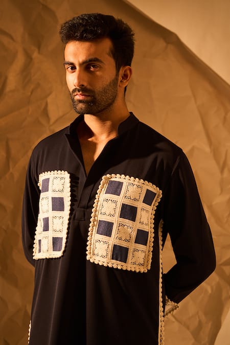 Shop Rohit Doshi Blue Lace Applique Embroidered Short Kurta Online at Aza Fashions Shop_Rohit Doshi_Blue Lace Applique Embroidered Short Kurta _Online_at_Aza_Fashions