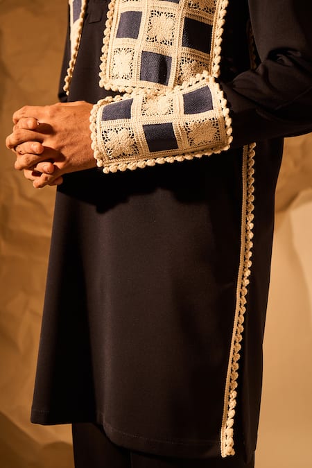 Rohit Doshi Blue Lace Applique Embroidered Short Kurta at Aza Fashions Rohit Doshi_Blue Lace Applique Embroidered Short Kurta _at_Aza_Fashions