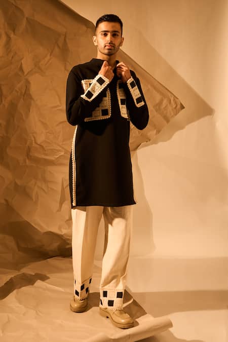 Rohit Doshi_Black Lace Checkered Crochet Embroidered Kurta _Online_at_Aza_Fashions