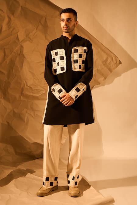 Shop_Rohit Doshi_Black Lace Checkered Crochet Embroidered Kurta _Online_at_Aza_Fashions