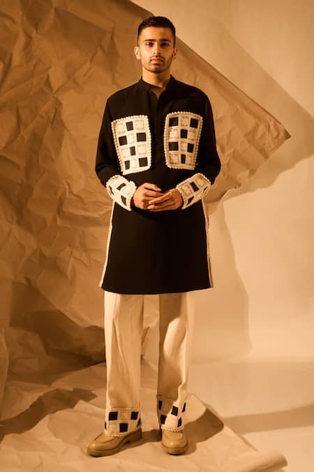 Rohit Doshi_Black Lace Checkered Crochet Embroidered Kurta _at_Aza_Fashions