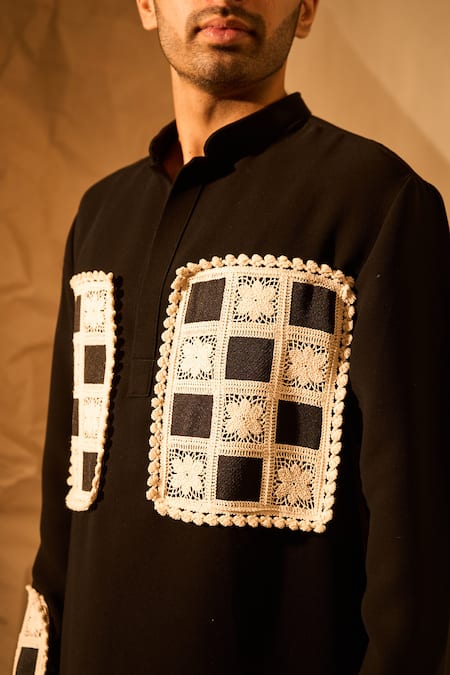 Buy_Rohit Doshi_Black Lace Checkered Crochet Embroidered Kurta 