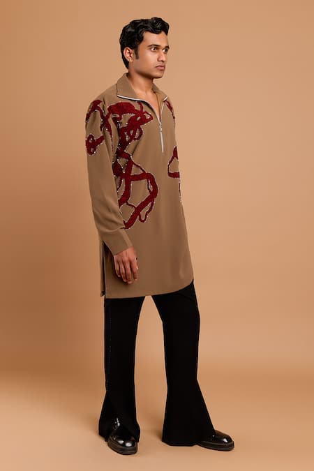 Rohit Doshi_Green Polyester, Crepe Sequins, Pearls Abstract Applique And Embellished Kurta _Online_at_Aza_Fashions