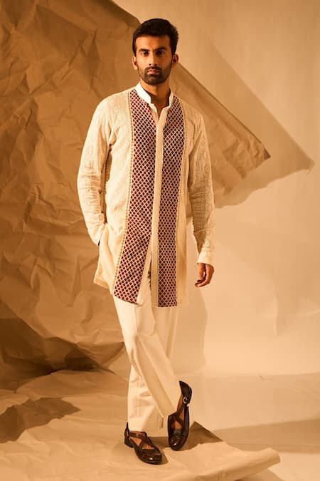 Rohit Doshi_Off White Net, Knit Embroidery Barfi Mesh Kurta _Online_at_Aza_Fashions