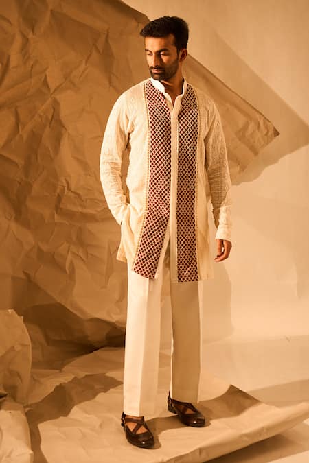 Buy_Rohit Doshi_Off White Net, Knit Embroidery Barfi Mesh Kurta _Online_at_Aza_Fashions