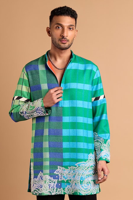 Rohit Doshi_Multi Color Cotton, Crepe, Rayon Embroidery, Beads Plaid Pattern Kurta _Online_at_Aza_Fashions