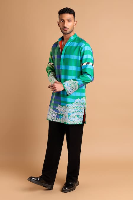 Buy_Rohit Doshi_Multi Color Cotton, Crepe, Rayon Embroidery, Beads Plaid Pattern Kurta _Online_at_Aza_Fashions