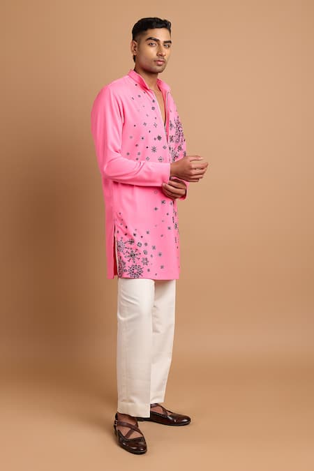 Rohit Doshi_Pink Sequins, Stones Geometric Embroidered Kurta _Online_at_Aza_Fashions