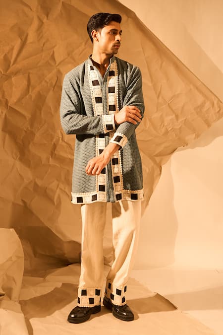 Shop_Rohit Doshi_Blue Geometric Patterned Kurta _Online_at_Aza_Fashions