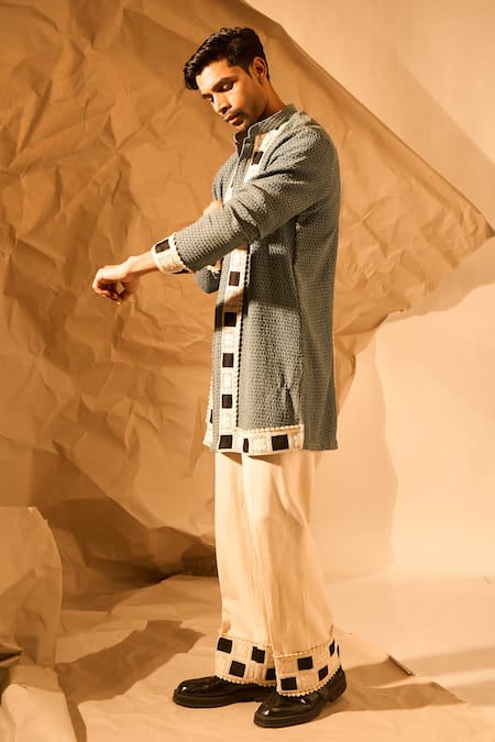 Rohit Doshi_Blue Geometric Patterned Kurta _at_Aza_Fashions