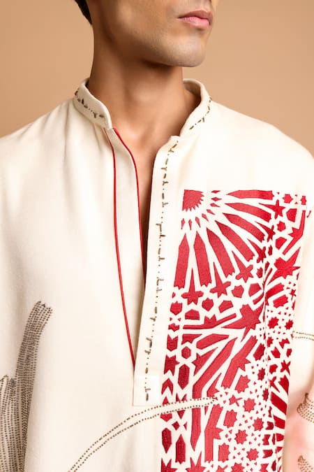 Rohit Doshi_Off White Cotton, Crepe, Rayon Geometric And Abstract Pattern Short Kurta _Online_at_Aza_Fashions