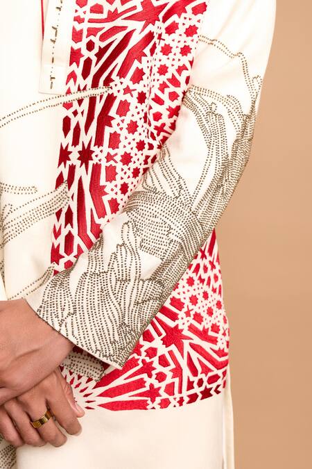 Buy_Rohit Doshi_Off White Cotton, Crepe, Rayon Geometric And Abstract Pattern Short Kurta _Online_at_Aza_Fashions