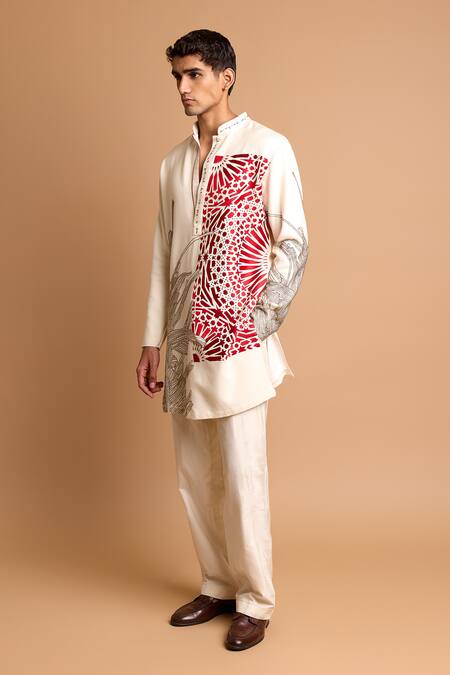 Rohit Doshi_Off White Cotton, Crepe, Rayon Geometric And Abstract Pattern Short Kurta _at_Aza_Fashions
